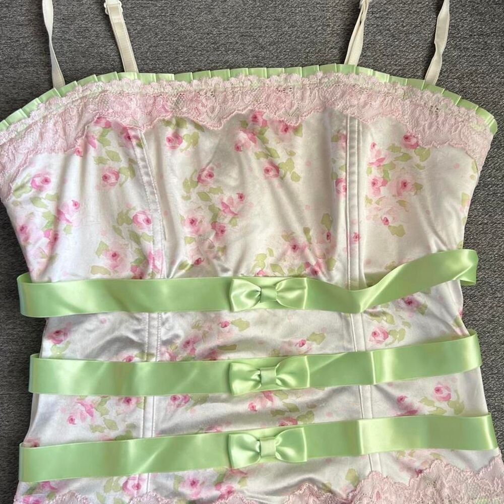 Vintage Delicates Y2K Floral Ribbon Satin Bustier Cami Top 36C Rare Wireless